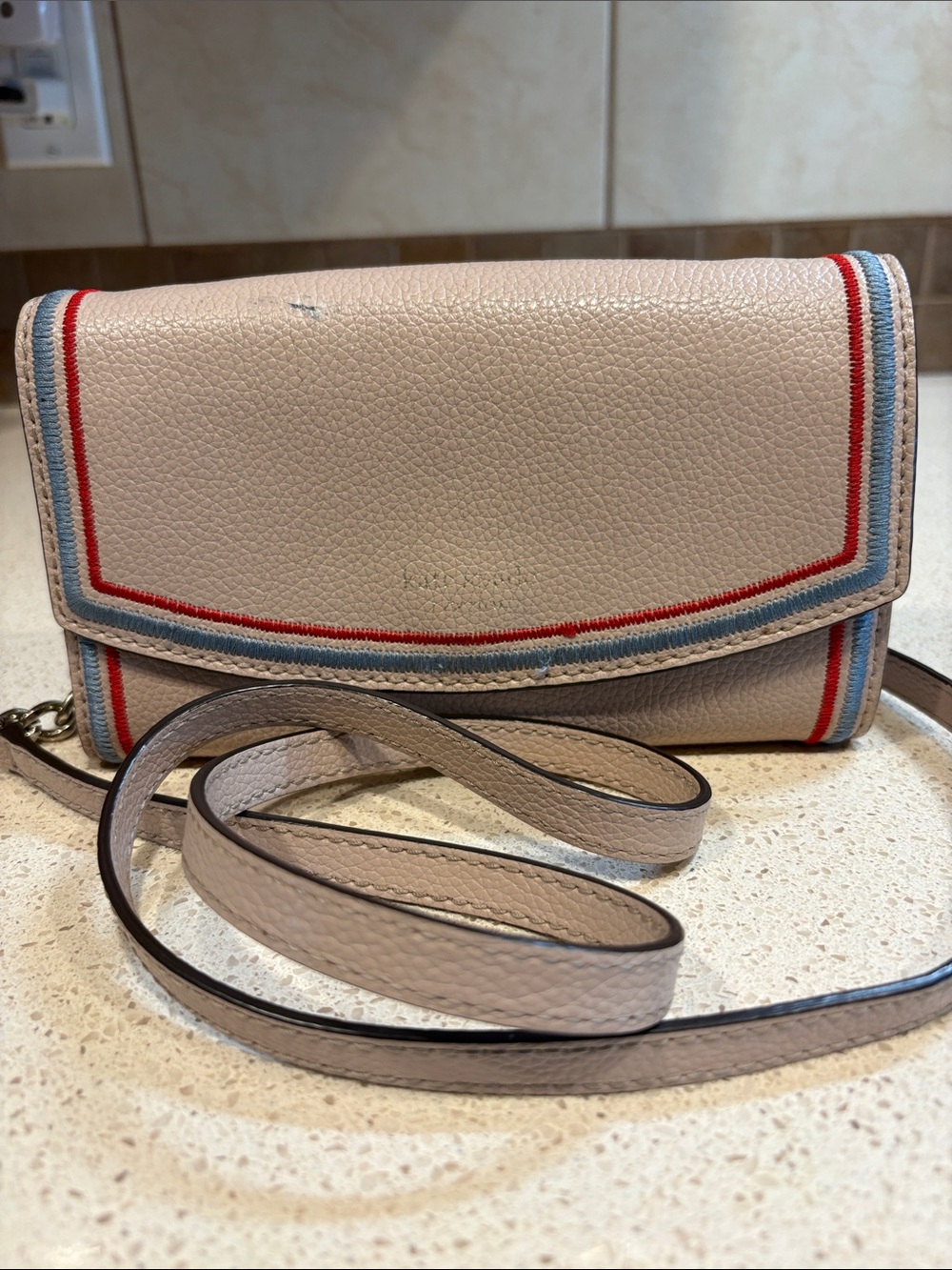 Kate Spade Light Pink Pebbled Leather Crossbody/Clutch with Red & Blue Trim